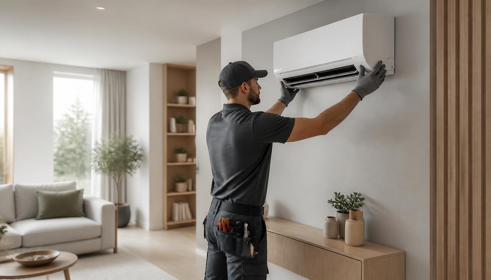 Klímaszerelő beltéri klímaegységet telepít egy világos, modern nappaliban